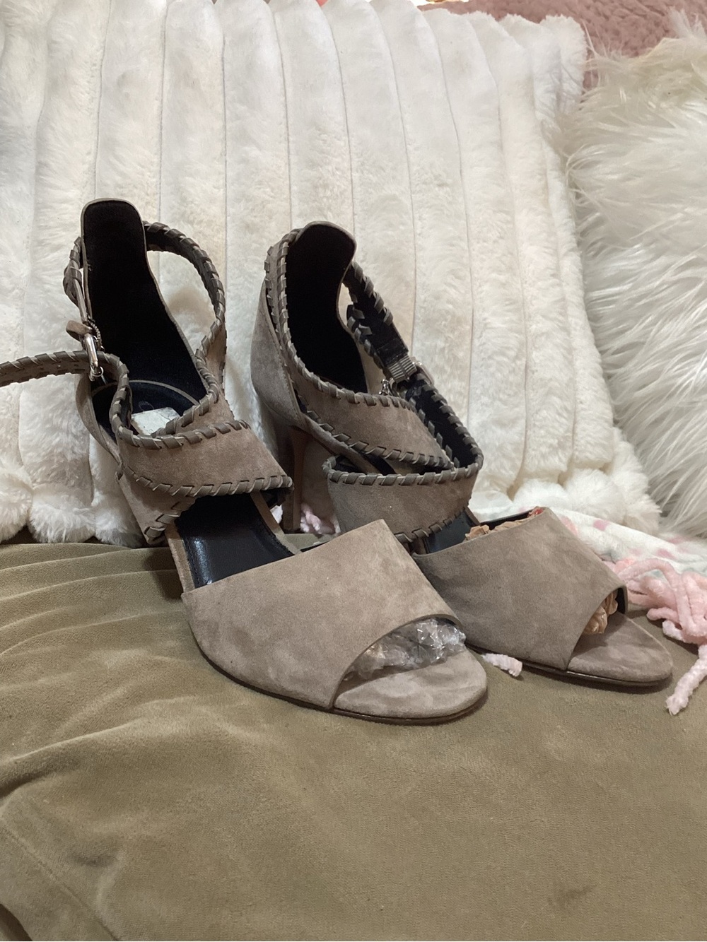 Coach Henny Taupe Suede Open-Toe Braided Strap Heels